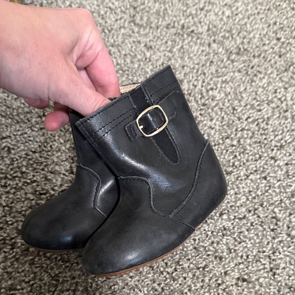 Black Kids Leather Buckle Boots